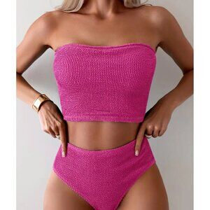 Strapless Hot Pink Smocked Bikini XL  - High Waist Bottom & Crop Top